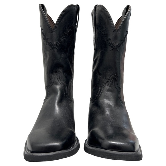 Black Leather Cowboy Cowgirl Western Barbed Wire Square Toe Treaded Work Boots - Picture 8 of 9